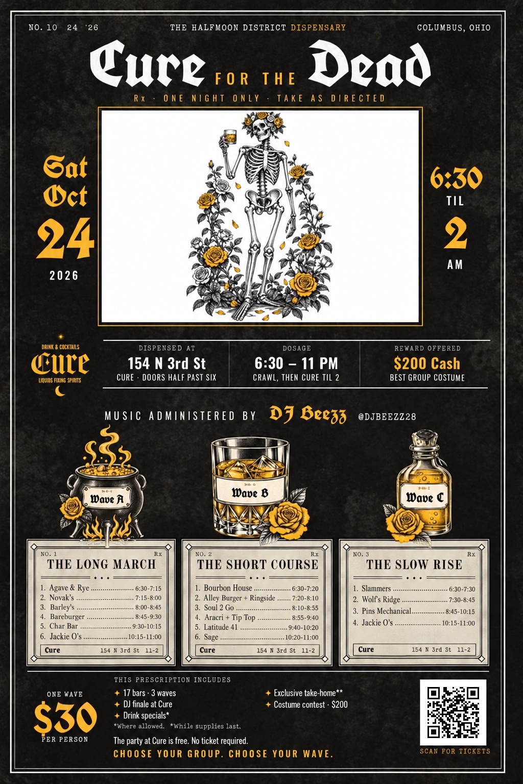 Cure for the Dead — official poster: skeleton apothecary with roses, Saturday October 24 2026, waves A B C, tickets $30